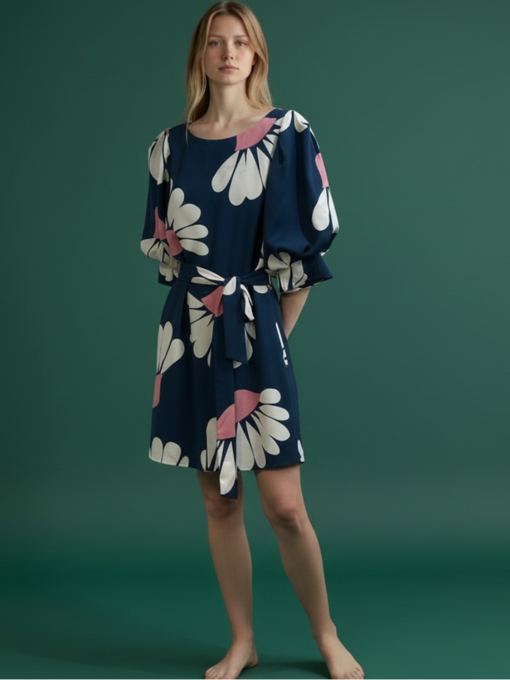 Boden Navy Midi Dress with White & Pink Floral Print